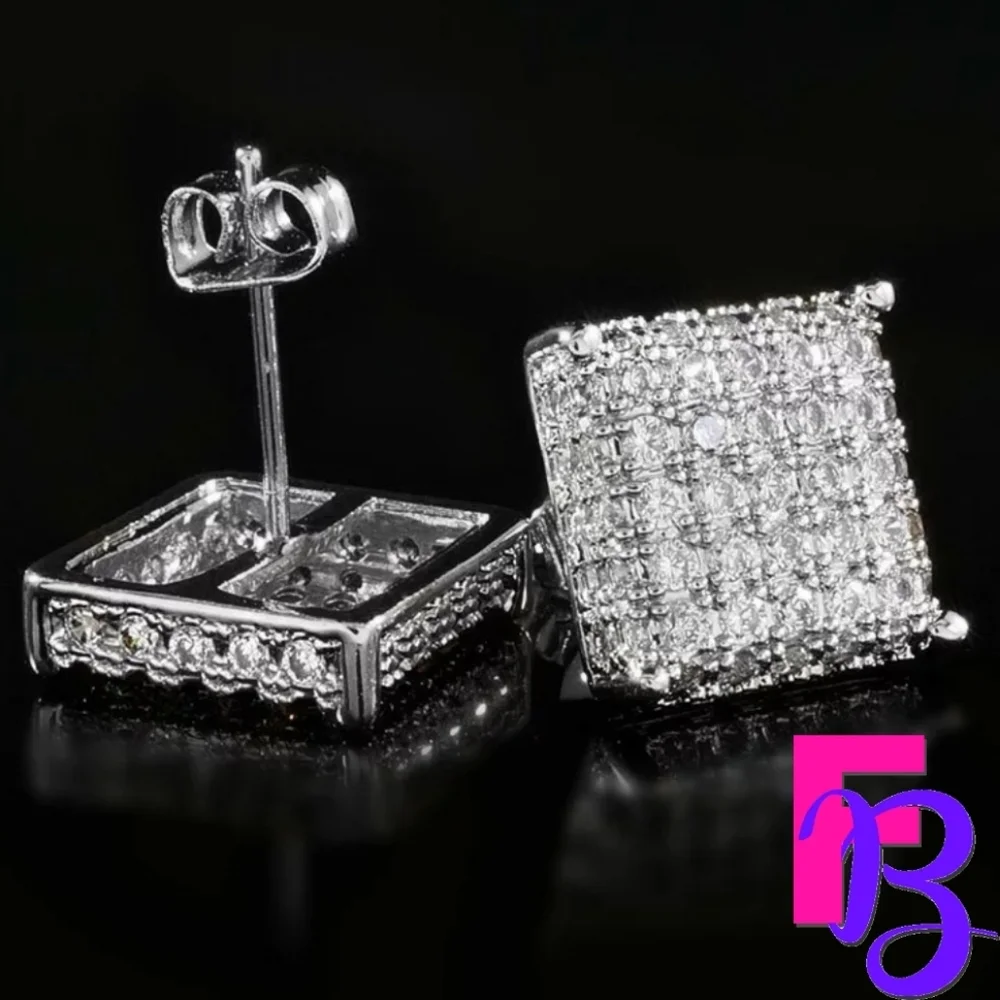 Iced Mens 14K White Gold Micropave Earrings